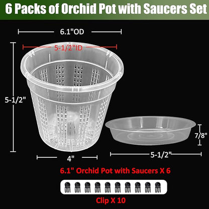 Orchid Pot with Saucers, 6 Packs of 6.1" Orchid Pots with Holes, Orchid Pots for Repotting, Plastic Orchid Planter for Indoor Outdoor Plants (6 Packs, 6.1" with Saucers)