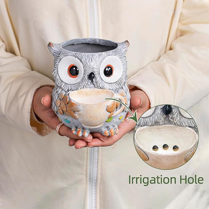 Unique Owl Plant Pots Indoor, Cute Small Succulent Pots with Drainage Hole, Watering Owl Planters for Indoor Outdoor Plants, Resin Flower Pot for String of Pearls, Gift Ideas for Mother