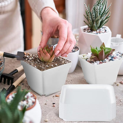Amyhill 4 Inch Flower Pots Square Plants Nursery Pot Plastic Plant Seedling Pots Nursery Transplanting Planter Container with Saucer for Indoor Herbs Succulent Balcony Garden(White,100 Pcs)