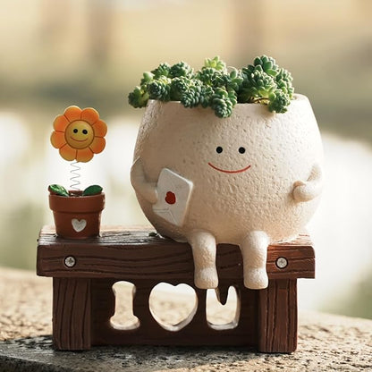 Smiley Face Planter Pots Sitting Sunflower Planter, Cute Planters for Indoor Outdoor Plants, Succulent Pots with Drainage Hole Unique Ideals Gift for Plant Lovers