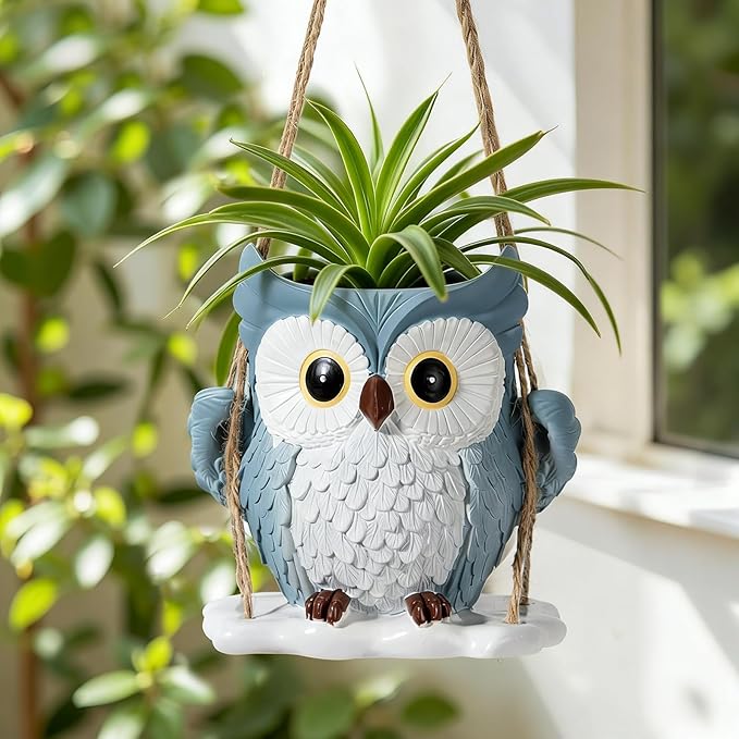 QCQHDU Swing Owl Hanging Pots with Drainage Hole, Small Resin Succulent Plant Planters, Cute Indoor/Outdoor Decor for Balcony Garden Patio, Women Gift Idea, Blue