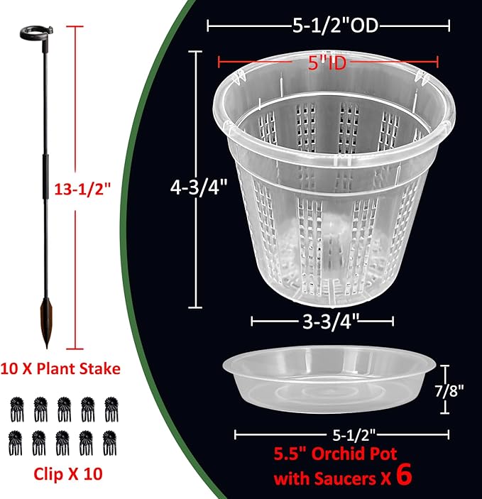 Orchid Pot with Saucers, 6 Pack 5.5" Orchid Pots with Holes and 10Pcs Plant Stakes, Clear Plastic Flower Plant Pot for Indoor Outdoor Plants(6 Pack 5.5"+ Saucers)