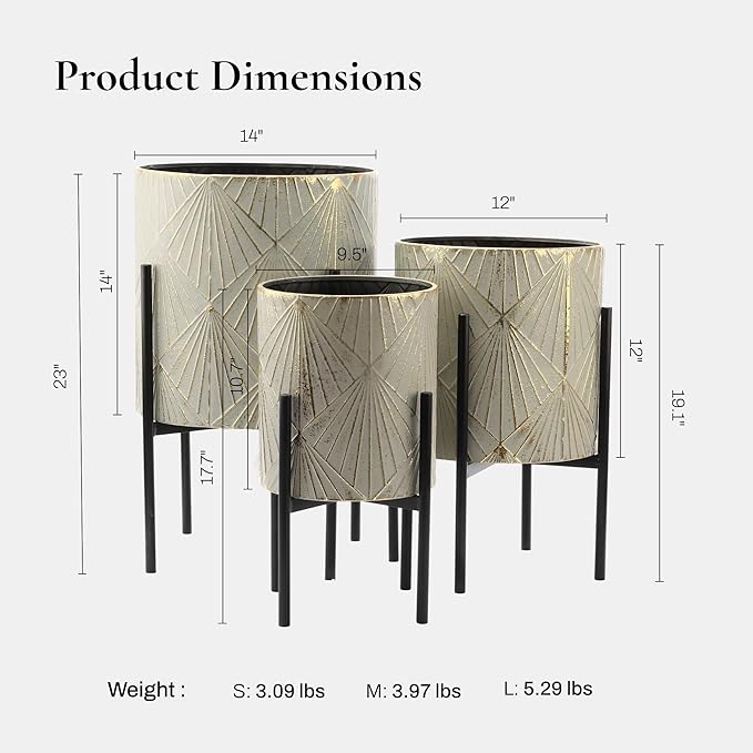 LuxenHome Planters for Indoor Plants, Set of 3 Floor Plants Pots with Stands, Modern Decorative Metal Flower Pots, Green Gray Cachepot Planters,10.5", 12", 14" Inch
