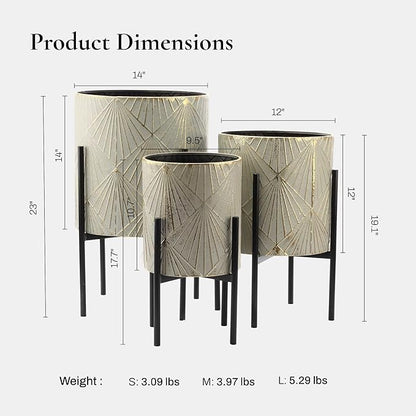 LuxenHome Planters for Indoor Plants, Set of 3 Floor Plants Pots with Stands, Modern Decorative Metal Flower Pots, Green Gray Cachepot Planters,10.5", 12", 14" Inch