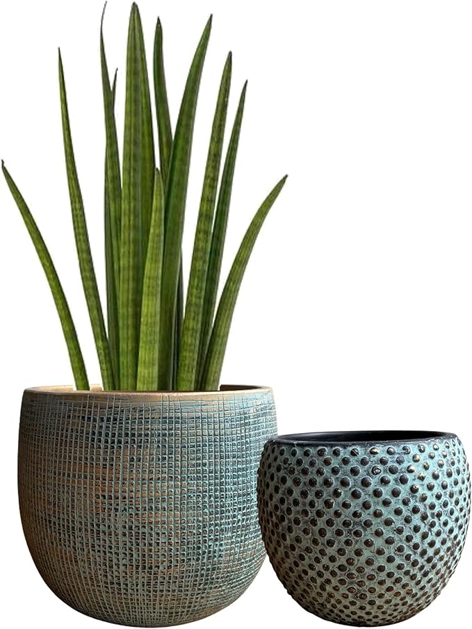 Olly & Rose Bali Ceramic Green Gold Plant Pot Set 2-6.8" and 5.5" Indoor Planters Cement Outdoor Flower Pots