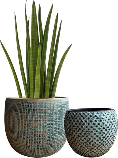 Olly & Rose Bali Ceramic Green Gold Plant Pot Set 2-6.8" and 5.5" Indoor Planters Cement Outdoor Flower Pots
