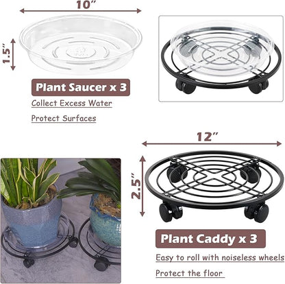 12" Metal Plant Caddy with Wheels 3 Packs Large Rolling Plant Stands Indoor Wheeled Plant Dolly Heavy-duty Planter Mover Roller Base Outdoor Plant Trolley Cart Water-proof, Plant Saucers on Wheels
