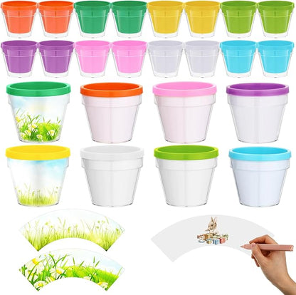 Meanplan 24 Sets Spring DIY Flower Pot Crafts Bulk Color Your Own Flower Pot 4 Inch Spring Planters Decorate Kit for Adults Activities