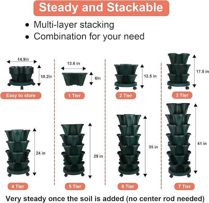 GameXcel Vertical Planter 7 Tier Stackable Planters Garden Planters Strawberry Herb Flower and Vegetable Planter Indoor Outdoor Gardening Pots with Removable Wheels and Tools
