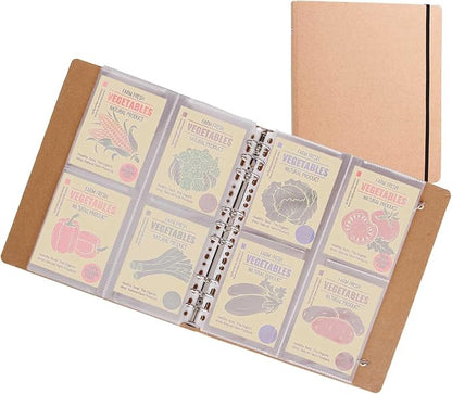 PABCK 100 Pockets Kraft Paper Binder Sheet Garden Seeds Packet Storage Book 4 Side Loading (Slot Size 3.62x5.19 inch) Plastic Clear 25 Sheet Protector Seed Envelopes Organizer Photo Album Card Sleeves