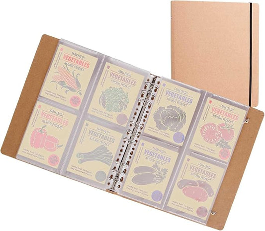 PABCK 100 Pockets Kraft Paper Binder Sheet Garden Seeds Packet Storage Book 4 Side Loading (Slot Size 3.62x5.19 inch) Plastic Clear 25 Sheet Protector Seed Envelopes Organizer Photo Album Card Sleeves