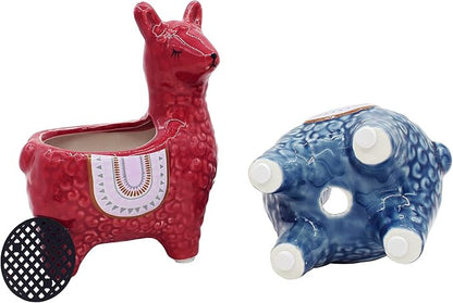 Alpaca Succulent Pots, 2 Pc. Set Animal Planter, Decorative Ceramic Planters for Indoor Home Decor Living Room Kitchen or Outdoor Garden Red and Blue