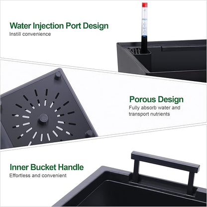 GAOMON 23" Tall Planters Set of 2, Outdoor＆Indoor Black Planter Pots, High Front Porch Planter Pots with Drainage Holes＆Water Level Monitor＆Inner Bucket, Automatic Watering, Convenience Instill