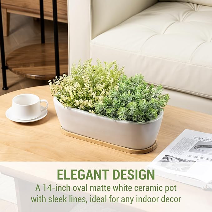 MyGift 14 Inch Oval Modern Matte White Ceramic Succulent Planter Pot with Drainage Hole and Removable Bamboo Saucer, Decorative Indoor House Plant Container for Flowers, Cactus, Herbs