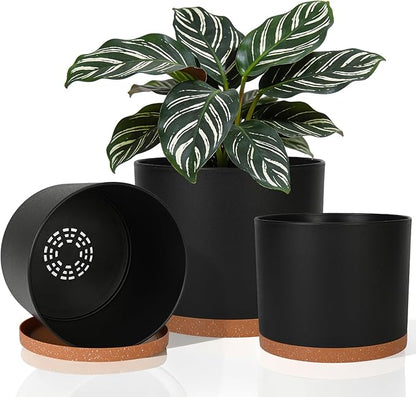 GARDIFE 10/9/8 Inch Modern Cylinder Planter, Plant Pots for Indoor Outdoor Plants, Flower Pots with Drainage Holes and Saucers for Garden Succulent Nursery House Plants (Black-Brown)