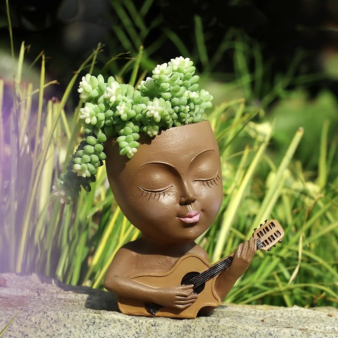 Face Planter Pot, Cute Girl Playing Guitar Head Planter for Indoor Plants, Unique Resin Succulent Pots with Drainage, Creative Music Lover Gifts for Guitarist Women Mom (Brown)