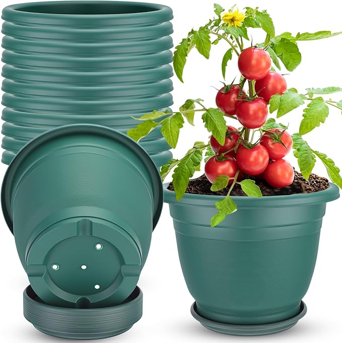 12 Pcs 8+'' Plastic Plant Pots Round Planter Pots with Saucer Tray Seedling Pot Hole Seed Resin Plant Pot Starting Nursery Flower Container with Pallet for Garden Outdoor Indoor (Green)