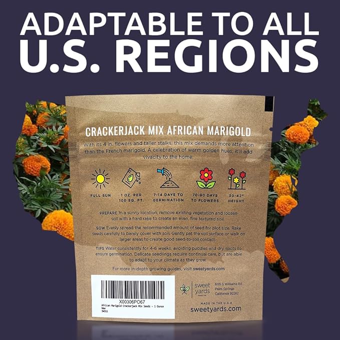 Sweet Yards African Marigold Seeds Mix Crackerjack Mix - Bulk 1 Ounce Packet - Over 10,000 Seeds - Huge Orange and Yellow Blooms - Adaptable to All US Regions - Pollinator Friendly
