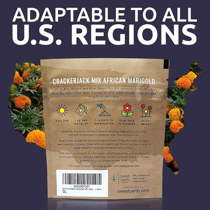 Sweet Yards African Marigold Seeds Mix Crackerjack Mix - Bulk 1 Ounce Packet - Over 10,000 Seeds - Huge Orange and Yellow Blooms - Adaptable to All US Regions - Pollinator Friendly