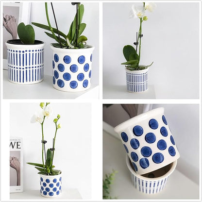 Pots of Indoor Plants 4 Inch Succulents Flower Pots Set of 2 Ceramic Planters Painted Blue Lines and Polka Dots Flower Pots with Drainage Hole for Cactus and Small Houseplants Gifts