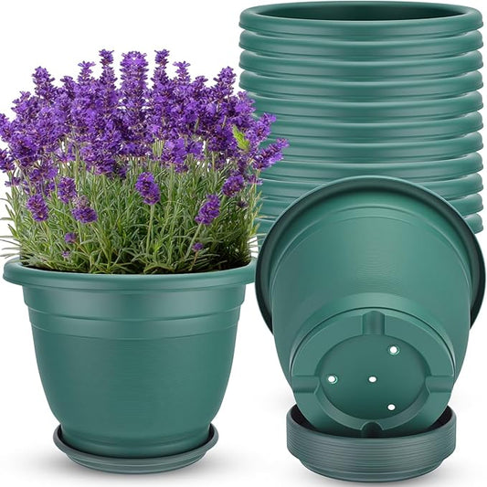12 Pcs 12'' Plastic Plant Pots Round Planter Pots with Saucer Tray Seedling Pot Hole Seed Resin Plant Pot Starting Nursery Flower Container with Pallet for Garden Outdoor Indoor (Green)