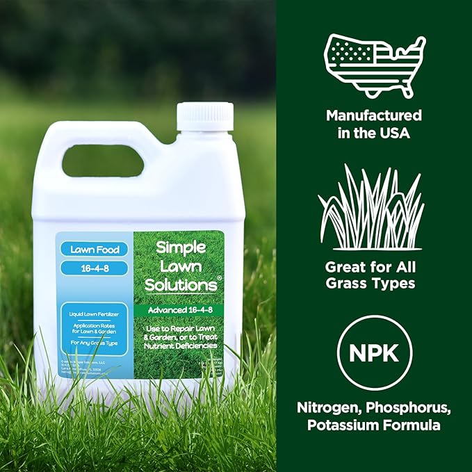 Advanced 16-4-8 Lawn Fertilizer - Liquid Lawn Food Spring & Summer Concentrated Spray - Any Grass Type- Fish and Seaweed Kelp- Balanced NPK - Simple Lawn Solutions (64 Ounce)
