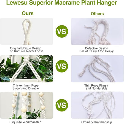 Macrame Plant Hanger Indoor Set of 2 with 4 Hooks, Indoor Outdoor Hanging Planter for Plants Holder with Decorative Wood Beads & No Tassels, Boho Home Decor, 35 Inch Ivory (Pots Not Included)