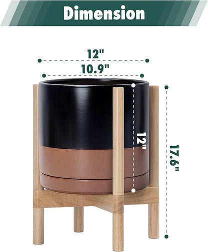 D'vine Dev Ceramic Planter with Natural Stand - 12 Inch Modern Round Flower Pot with Wood Planter Holder, Black/Speckled Tan, 55-B-J-7
