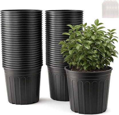 100 Pack 1 Gallon Flexible Plant Nursery Pots Plastic Seedling Starting Pots with Drainage Holes Soft Flower Pots Plant Container with Plant Labels, Black