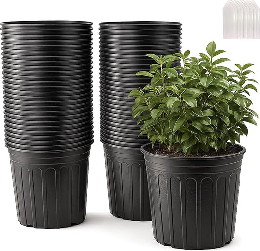 100 Pack 1 Gallon Flexible Plant Nursery Pots Plastic Seedling Starting Pots with Drainage Holes Soft Flower Pots Plant Container with Plant Labels, Black