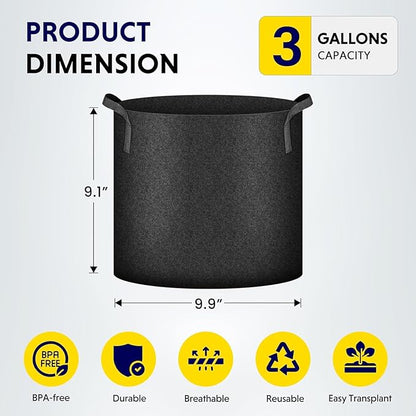 iPower 3 Gallon 10 Pack Grow Bags Nonwoven Fabric Pots Aeration Container with Strap Handles for Garden and Planting, 10-Pack Black, 3 Gallon
