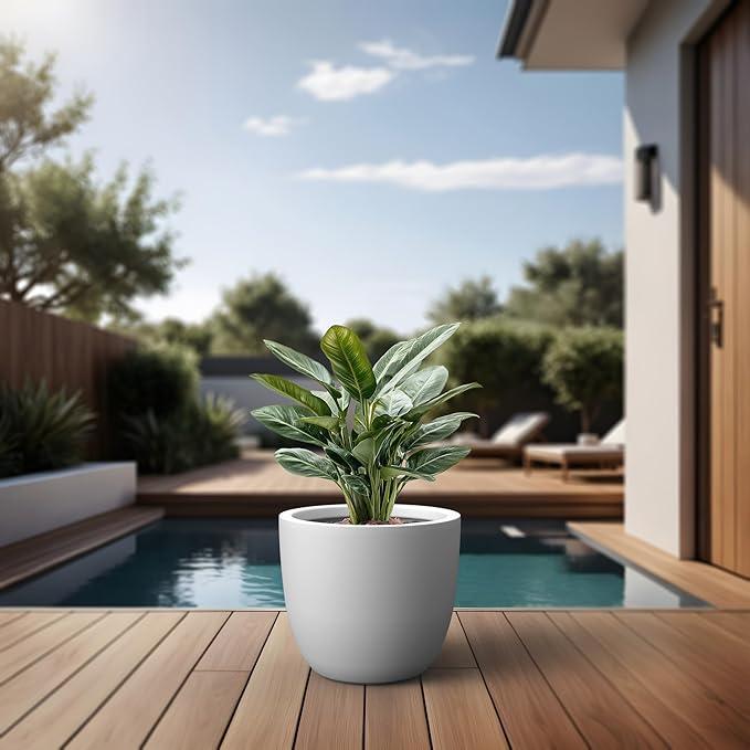 Kante Round Concrete Planter, Large Outdoor Indoor Garden Pots with Drainage Hole, 14-Inch Diameter Flower Pots for Patio, Garden and Home, White