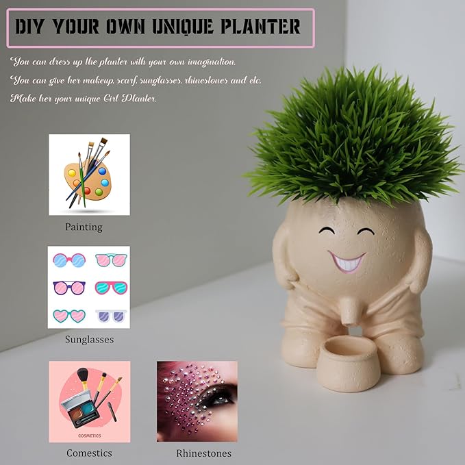 Cute Head Planter, Face Flower Pot Fun Head Vase for Plants for Indoor Outdoor Décor, Unique Cactus Office Plant Pots