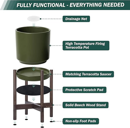 D'vine Dev Ceramic Planter with Walnut Color Stand - 14 Inch Modern Round Flower Pot with Wood Planter Holder, Olive, 55-B-T-J