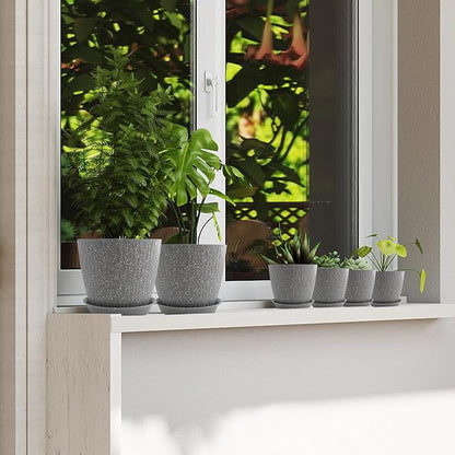 8/7/6 inch Plant Pots, 3 Pack Flower Pots for Outdoor Indoor Garden Plants, Large Planters with Multi Mesh Drainage Holes and Saucer (Speckled Grey, 8"+7"+6")