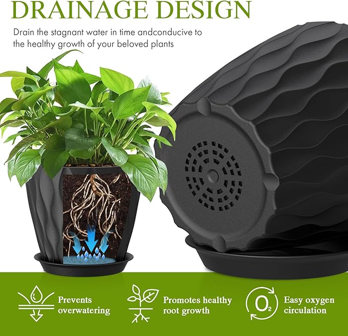 Plastic Plant 8 Inch, 4 Pack with Drainage Holes & Saucers, Water Wave Decorative Plant Pots for Indoor Outdoor Plants, Patio, Garden, Home Decor (4, Black)