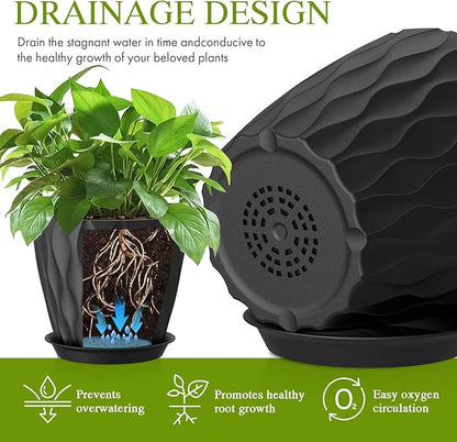 Plastic Plant 8 Inch, 4 Pack with Drainage Holes & Saucers, Water Wave Decorative Plant Pots for Indoor Outdoor Plants, Patio, Garden, Home Decor (4, Black)
