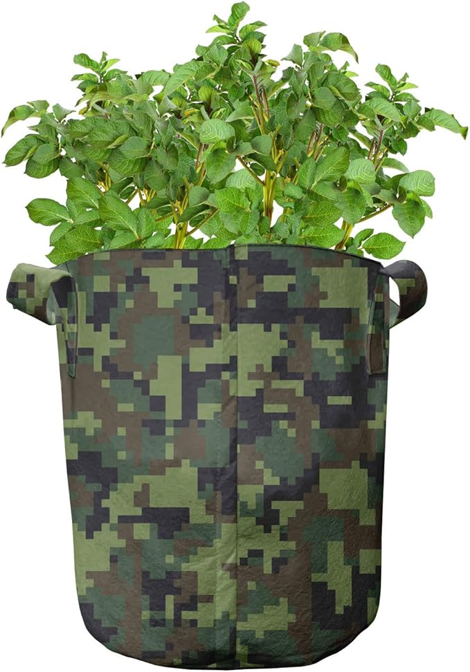 Lunarable Camouflage Grow Bags 5-Pack, Pixel Woodland Camo Art, Heavyduty Fabric Pots with Handles for Plants, Green Cocoa