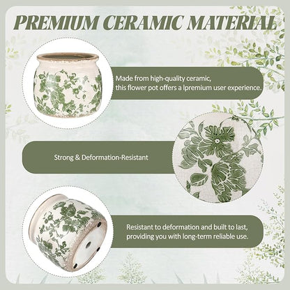 Vintage Planter Large Ceramic Plants Pot Beige Green Vintage Floral Ice Crack Cottage Scroll Vase Flower Vase Pot Indoor Plants Home Kitchen Decor Farmhouse Antique Decorative Gifts