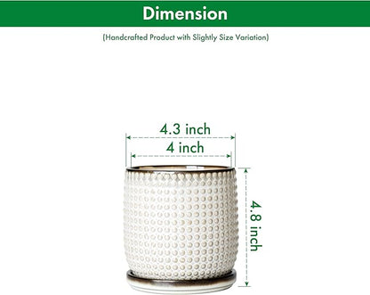 D'vine Dev 4 Inch Ceramic Beaded Stoneware Planter Pot - Flower Pot with Drainage Holes and Saucers for Indoor Succulent Plants or Flowers, Smoked White, 27-C-Z-1