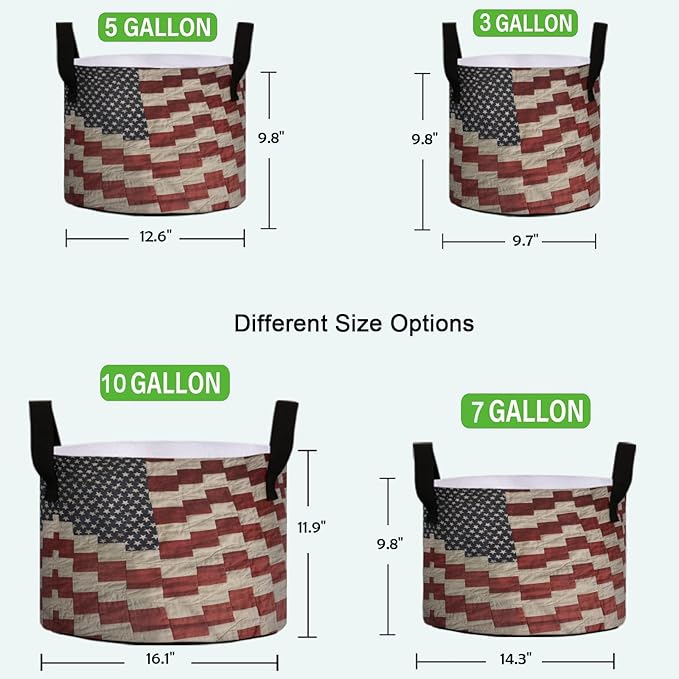 3 Gallon American Flag 4th of July Memorial Day Heavy Duty Grow Bag Containers Breathable Planter Pot with Handles for Potato Tomato Fruits Vegetables Flowers