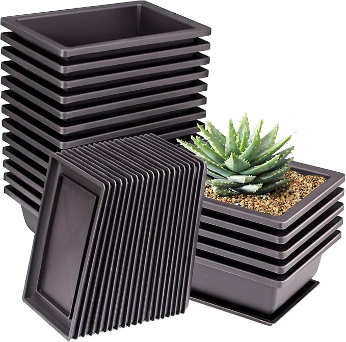 ZOENHOU 20 PCS 6.5 Inch Rectangular Bonsai Training Pots, Premium Plastic Plant Pot with Deep Humidity Trays, for Plants Flowers African Violets Reusable Durable