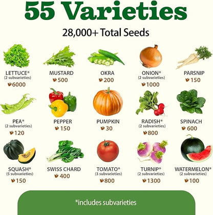 HOME GROWN 55 Vegetable Seeds Pack 28,000+ Non-GMO Heirloom Seeds for Planting Vegetables, Survival Seed Vault, Garden Kit for Spring Fall Winter, Gift for Gardeners