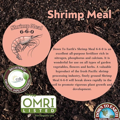 Down to Earth All Natural Fertilizers Organic Shrimp Meal - Rich in Nitrogen, Phosphorus, and Calcium 6-6-0, 2 lb
