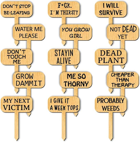 arricraft 15 Pcs Wood T-Type Plant Tags, 1.96x2.75inch/5x7cm Plant Labels with Growing Words Talking Plant Funny Wooden Plant Sign for Garden Markers Nursery Seedling Potted Herb Flower Vegetables