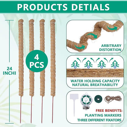 4 Pcs Bendable Moss Pole for Monstera Plant Support，24 Inch Handmade Coir Pole Stick for Climbing Plants Indoor Plant Stakes for Potted Plants to Grow Upwards