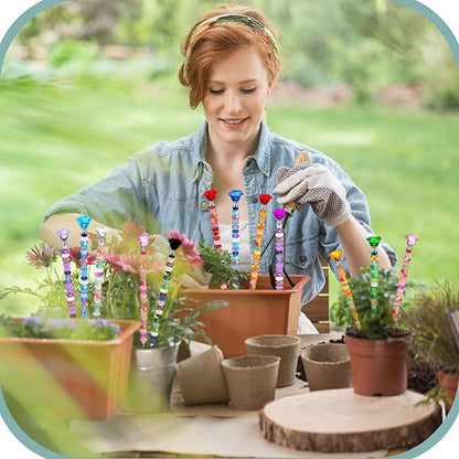 Tigeen 236 Pcs Garden Stake DIY Fairy Wand Plant Stake with 12 Colorful Crystal Stopper Top 12 Threaded Rod with 200 Large Hole Bead for Spring Summer Holiday Outdoor Decorations(Rose Flower)