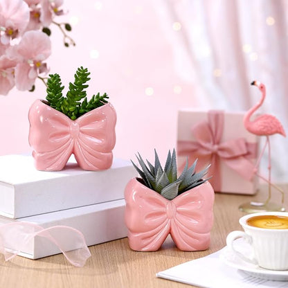 2 Pcs Coquette Bow Succulent Pots with Drainage Pink Bowtie Ceramic Planter Pots Plants Holder Bowtie Shaped Cactus Flower Container for Home and Office Desk Display Coquette Party Decoration