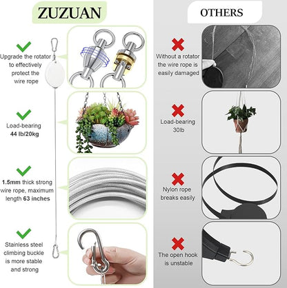 2Pcs Upgraded Heavy Duty Retractable Plant Hanger,Plant Pulleys for Hanging Plants,Easy to Raise and Lower,Auto Lock,Adjustable Hook for Garden Baskets Pots,Birds Feeder and Wind Chime,White