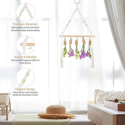 1-Tier Hanging Herb Drying Rack – Includes 30 Brown Gift Tags & 32ft Natural Jute Twine – Handwoven Boho Style Plant Hanger for Drying Herbs, Flowers, Sage – 37" Tall, Home Décor & Gift Idea